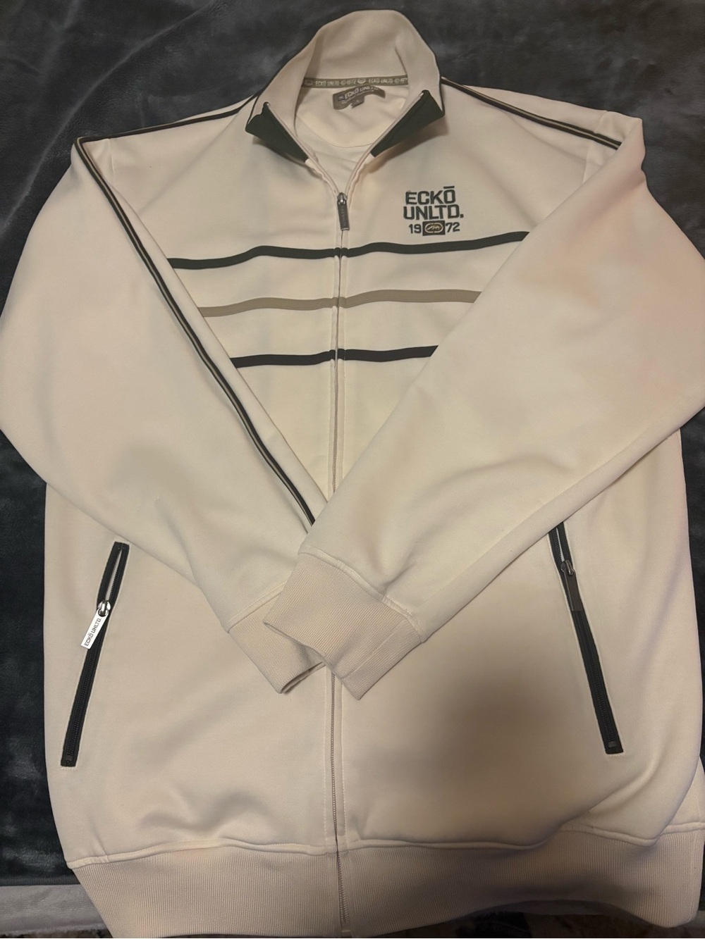 Ecko Unlimited Men’s Cream Full-Zip Jacket with Black Stripes